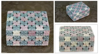 Soapstone box, 'Floral Patchwork' - Jali Natural Soapstone Decorative Box