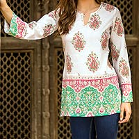 Cotton Block Print Tunic with Beadwork and Sequins,'Beautiful Jaipur'