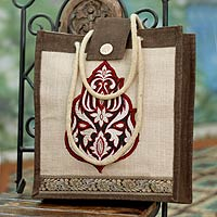 Jute tote bag, 'Fire Blossom' - Floral Jute Embroidered Shoulder Bag