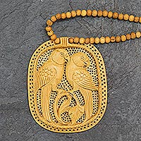 Wood pendant necklace, 'Parrot Romance' - Artisan Crafted Wood Beaded Necklace from India