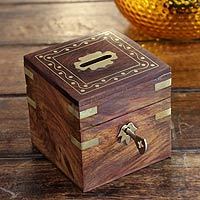 Brass inlaid wood bank,