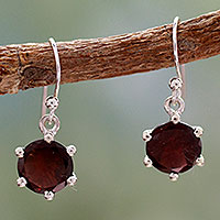 Garnet dangle earrings, 'Scarlet Solitaire' - Handcrafted Sterling Silver and Garnet Earrings