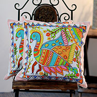 Cotton cushion covers Madhubani Peacock pair India