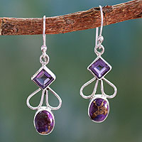 Amethyst dangle earrings, 'Bollywood Purple' - Amethyst Comp Turquoise and Silver Artisan Crafted Earrings