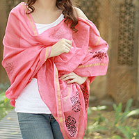 Cotton and silk shawl, 'Honeysuckle Splendor' - Peach Silk and Cotton India Block Print Shawl