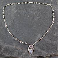 Rainbow moonstone and amethyst pendant necklace,
