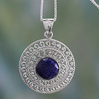 Lapis lazuli pendant necklace, 'Mystical Shield' - Sterling Silver and Lapis Lazuli Necklace from India Jewelry