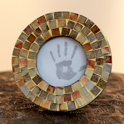 Mosaic glass photo frame, 'Memoirs of Gold and Earth' (3x3) - Handcrafted Glass Tile Photo Frame (3x3)