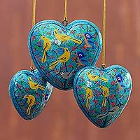 Papier mache ornaments Christmas Songbirds set of 3 India