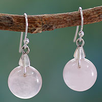 Rose quartz dangle earrings, 'Moon of Romance' - Rose Quartz Sphere Earrings India Artisan Jewelry