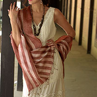 Silk shawl, 'Maroon Chic' - Handmade Ivory and Maroon Tussar Silk Shawl