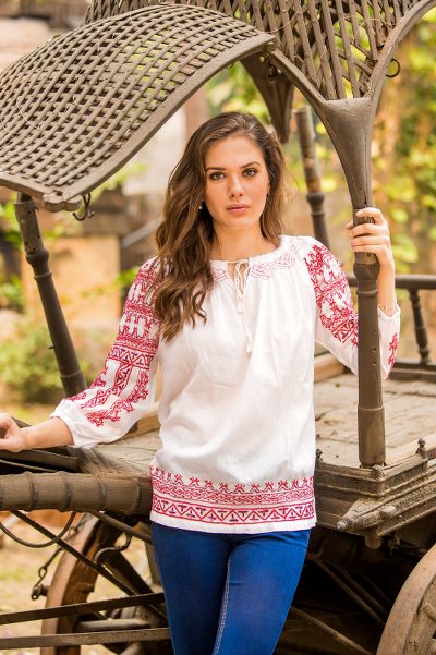 Cotton blouse, 'Sweet Red Romance' - Fully lined White Cotton Blouse with Red Hand Embroidery