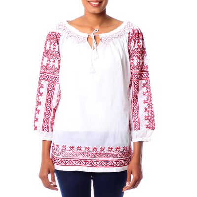 Cotton blouse, 'Sweet Red Romance' - Fully lined White Cotton Blouse with Red Hand Embroidery