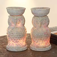 Soapstone oil warmers, 'Lucky Owls' (pair) - Hand Carved Soapstone Owl Aromatic Oil Warmers (Pair)