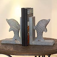 Soapstone bookends, 'Dancing Dolphins' (pair) - Hand Carved Soapstone Dolphin Bookends (Pair)
