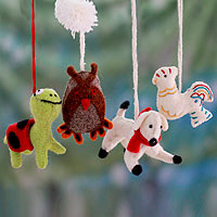 Wool ornaments, 'Cheerful Creatures' (set of 4) - Hand Crafted Wool Animal Ornaments (Set of 4)