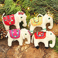 Wool ornaments White Elephants set of 4 India