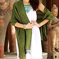 Varanasi silk shawl Iridescent Olive India