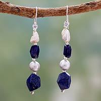 Cultured pearl and lapis lazuli beaded earrings,