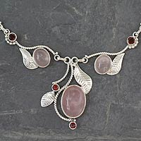 Rose quartz and garnet Y-necklace, 'Dew Blossom' - Handmade Necklace Rose Quartz and Garnet from India