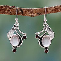 Rose quartz and garnet dangle earrings, 'Dew Blossom' - Handmade Earrings Rose Quartz and Garnet from India