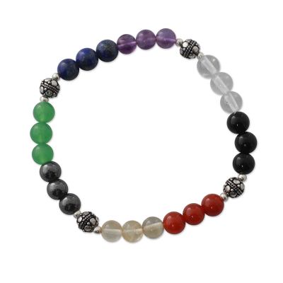 Multi-gemstone chakra stretch bracelet, 'Colorful Mantra' - Handmade Beaded Gemstone Chakra Bracelet from India