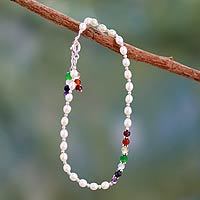 Cultured pearl and gemstone chakra anklet,