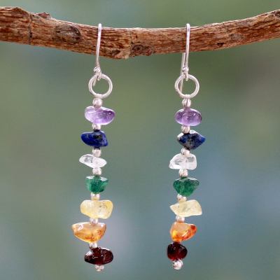 Multi gemstone chakra earrings, 'Jubilance' - Gemstone Chakra Theme Dangle Earrings