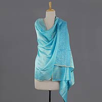 Cotton and silk shawl Turquoise Elegance India
