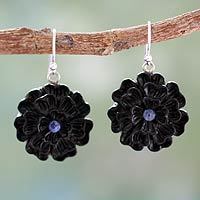 Ebony and sapphire flower earrings,