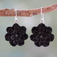 Ebony and sapphire flower earrings,