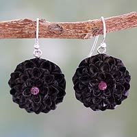 Ebony and sapphire flower earrings,