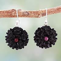 Ebony and sapphire flower earrings,
