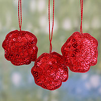 Beaded ornaments Red Rose Glitz set of 3 India