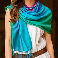 Silk and wool shawl Turquoise Shimmer India