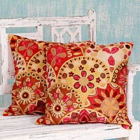 Embroidered cushion covers Fiery Flowers pair India