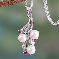 Cultured pearl and ruby pendant necklace, 'Radiance' - Hand Crafted Pearl and Ruby Necklace