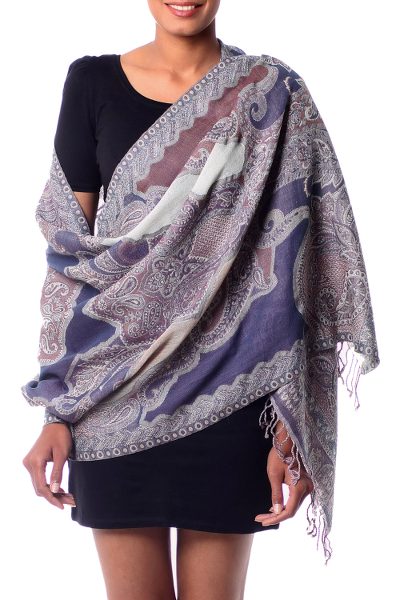 Jamawar wool shawl, 'Indian Jacaranda' - Brown and Lavender Jamawar Shawl