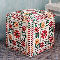 Embroidered cotton ottoman cover, 'Barmer Blooms' - Multicolored Embroidery Square Ottoman Cover