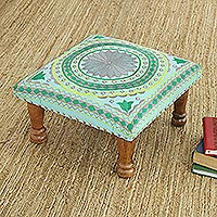 Cotton embroidered foot stool Silver Mandala India