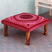 Cotton embroidered foot stool Ruby Mandala India