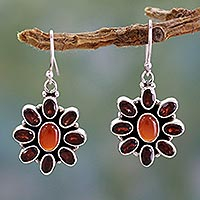Garnet and carnelian flower earrings, 'Passionate' - Carnelian Floral Earrings with Garnet Petals