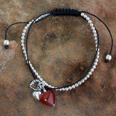 Carnelian charm bracelet, 'Love Charm' - Carnelian and Silver Heart Theme Charm Bracelet