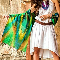 Varanasi silk shawl, 'Cool Color Fusion' - Tie Dye Blue and Green Varanasi Silk Shawl