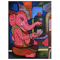 'Worshipping Ganesha' - Red Ganesha Painting from India