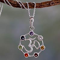 Multi-gemstone chakra necklace, 'Om Chakra' - 6.3 Cts Multi-gemstone Sterling Silver Medallion Necklace
