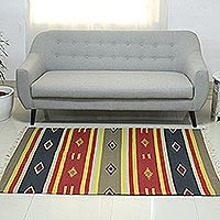 Wool rug, 'Mirzapur Beauty' (4x6) - Hand Woven Dhurrie Rug with Geometric Motifs