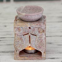 Soapstone oil warmer, 'Agra Owls' - Soapstone oil warmer Hand-carved