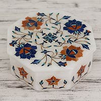 Marble inlay jewelry box, 'Swirling Blossoms' - Heptagonal Marble Inlay Jewelry Box