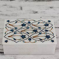 Marble inlay jewelry box, 'Blue Starflowers' - Fair Trade Marble Inlay Jewelry Box